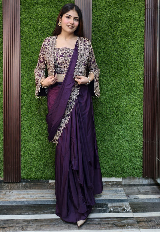 Designer Silk Embroidered Drape Saree with Stylish Separate Short Jacket For Enhancing Look