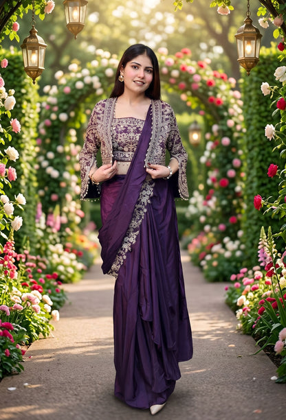 Designer Silk Embroidered Drape Saree with Stylish Separate Short Jacket For Enhancing Look