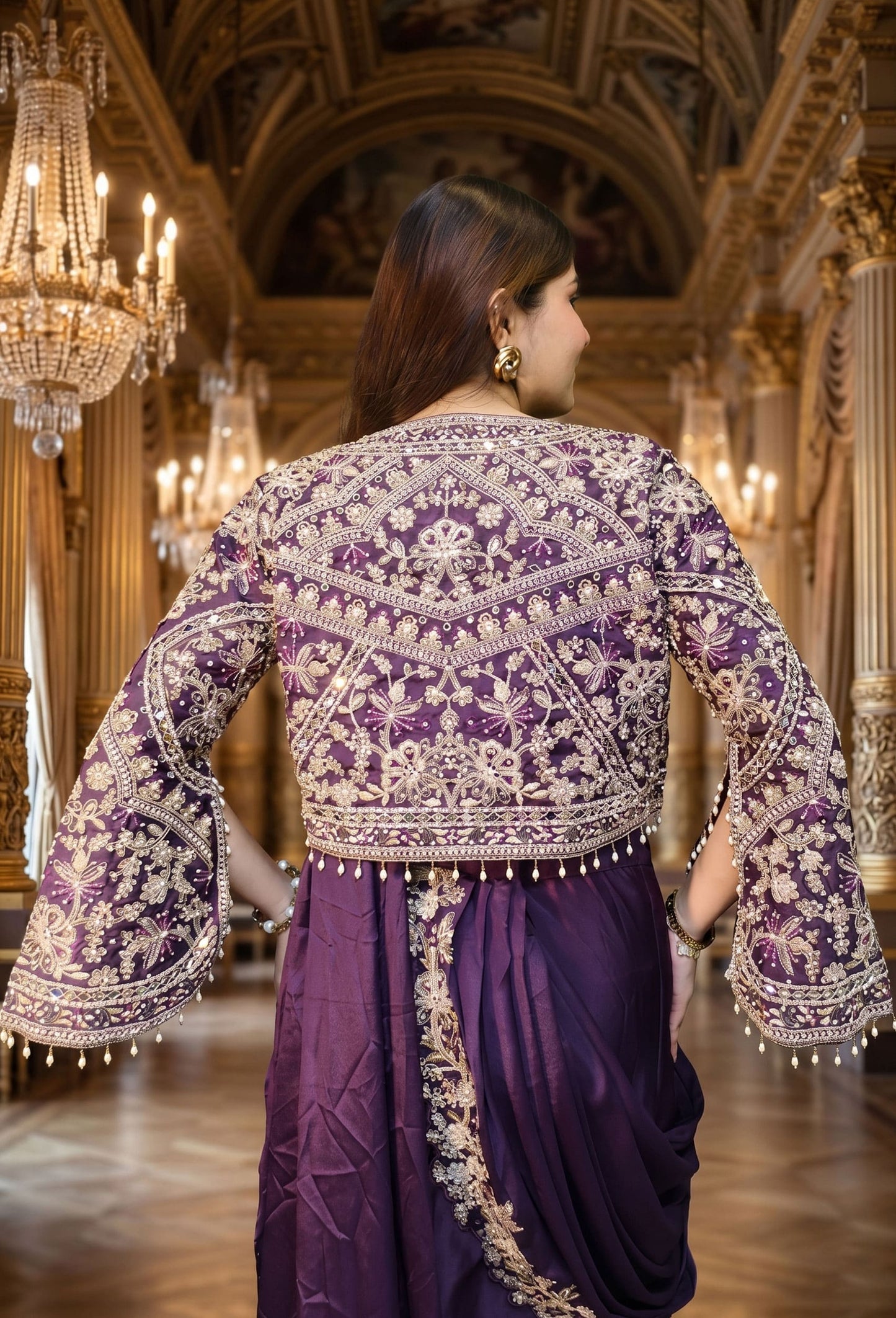 Designer Silk Embroidered Drape Saree with Stylish Separate Short Jacket For Enhancing Look