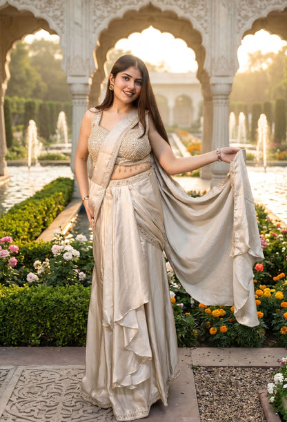 Beautiful Designer Chinnon Saree with Full Hand Embellished Blouse Ready-to-Wear in Golden