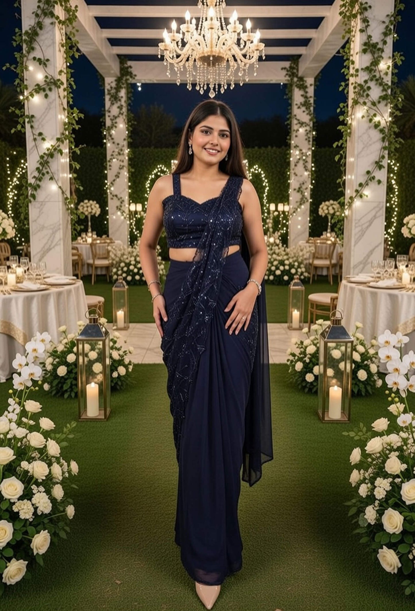 Beautiful Ready-Made Drape Saree with All-Over Hand Work Spaghetti Style Hand Work Blouse