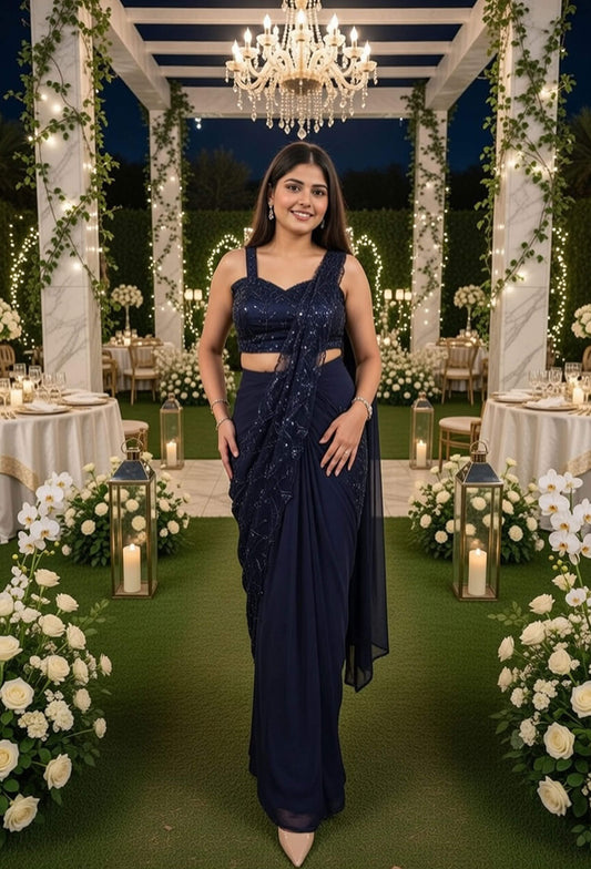 Beautiful Ready-Made Drape Saree with All-Over Hand Work Spaghetti Style Hand Work Blouse