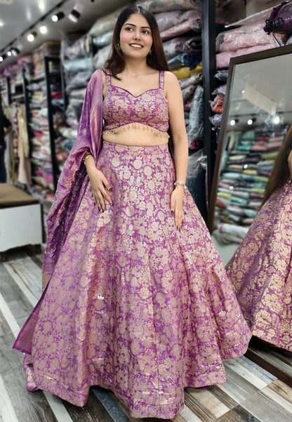 Designer Anarkali Lehenga in Pure Banarasi Fabric with Matching Dupatta and Spaghetti Style Girlish Blouse