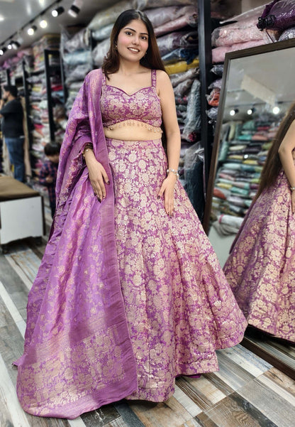 Designer Anarkali Lehenga in Pure Banarasi Fabric with Matching Dupatta and Spaghetti Style Girlish Blouse