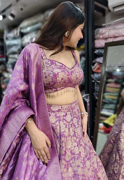 Designer Anarkali Lehenga in Pure Banarasi Fabric with Matching Dupatta and Spaghetti Style Girlish Blouse