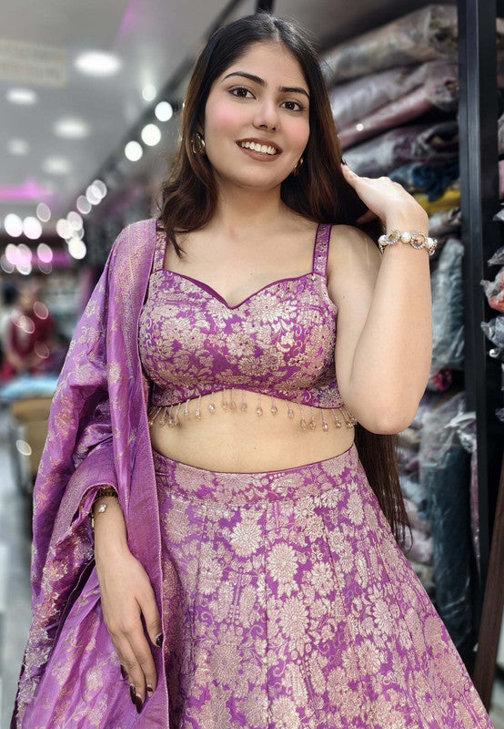 Designer Anarkali Lehenga in Pure Banarasi Fabric with Matching Dupatta and Spaghetti Style Girlish Blouse