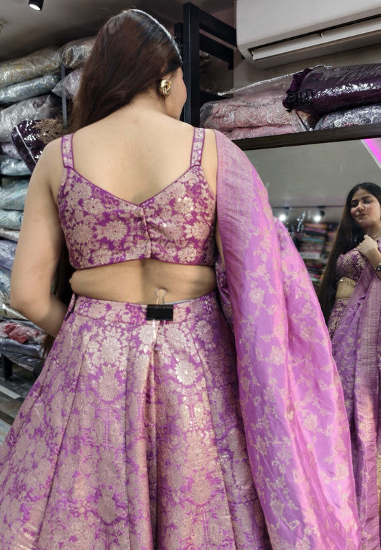 Designer Anarkali Lehenga in Pure Banarasi Fabric with Matching Dupatta and Spaghetti Style Girlish Blouse