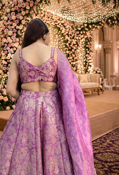 Designer Pure Banarasi Anarkali Lehenga with Spaghetti Style Girlish Blouse and Matching Dupatta