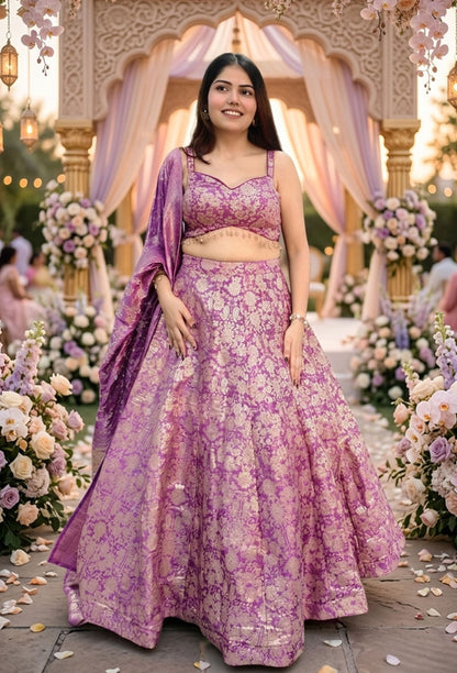 Designer Pure Banarasi Anarkali Lehenga with Spaghetti Style Girlish Blouse and Matching Dupatta