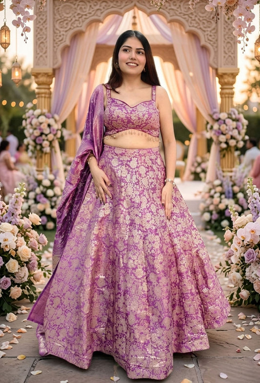 Designer Pure Banarasi Anarkali Lehenga with Spaghetti Style Girlish Blouse and Matching Dupatta
