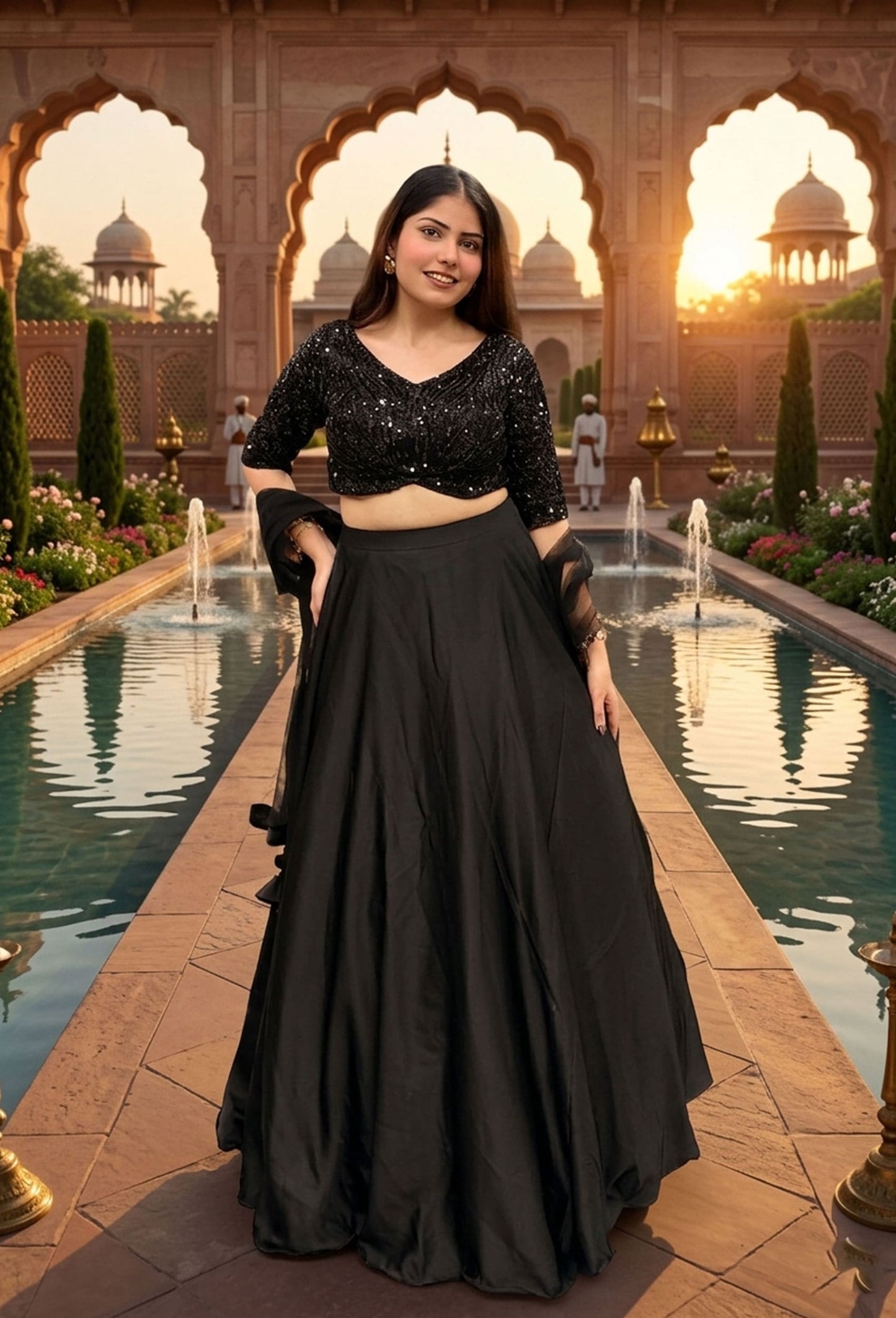 Designer Armani Satin Full Flare Lehenga and Net Bordered Dupatta with Stylish Hand Embellished Blouse
