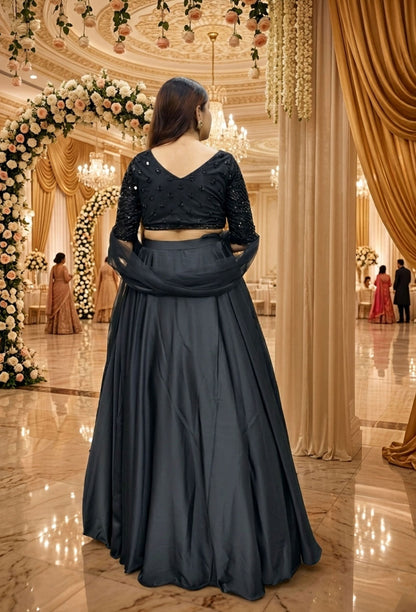 Designer Armani Satin Full Flare Lehenga and Net Bordered Dupatta with Stylish Hand Embellished Blouse