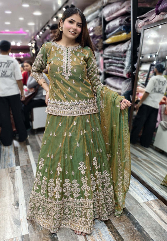 Beautiful Indo Western Dress with All-Over Dori Work Embroidered Short Shirt, Lehenga and Dupatta in Tissue Silk Febric