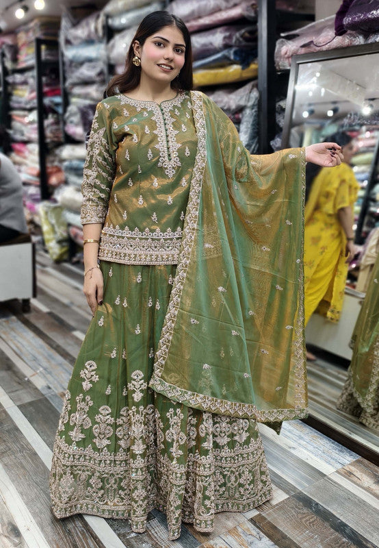 Beautiful Indo Western Dress with All-Over Dori Work Embroidered Short Shirt, Lehenga and Dupatta in Tissue Silk Febric