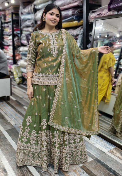 Beautiful Indo Western Dress with All-Over Dori Work Embroidered Short Shirt, Lehenga and Dupatta in Tissue Silk Febric