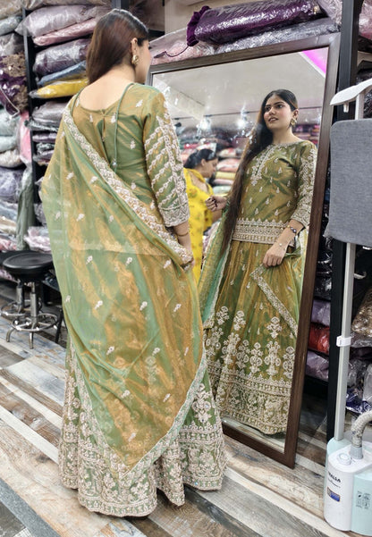 Beautiful Indo Western Dress with All-Over Dori Work Embroidered Short Shirt, Lehenga and Dupatta in Tissue Silk Febric