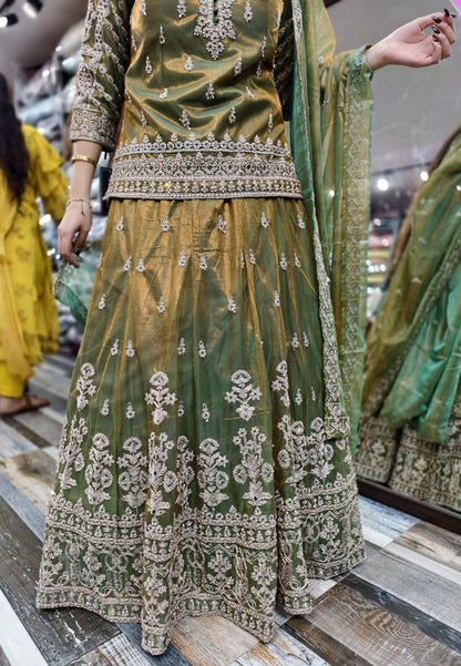 Beautiful Indo Western Dress with All-Over Dori Work Embroidered Short Shirt, Lehenga and Dupatta in Tissue Silk Febric