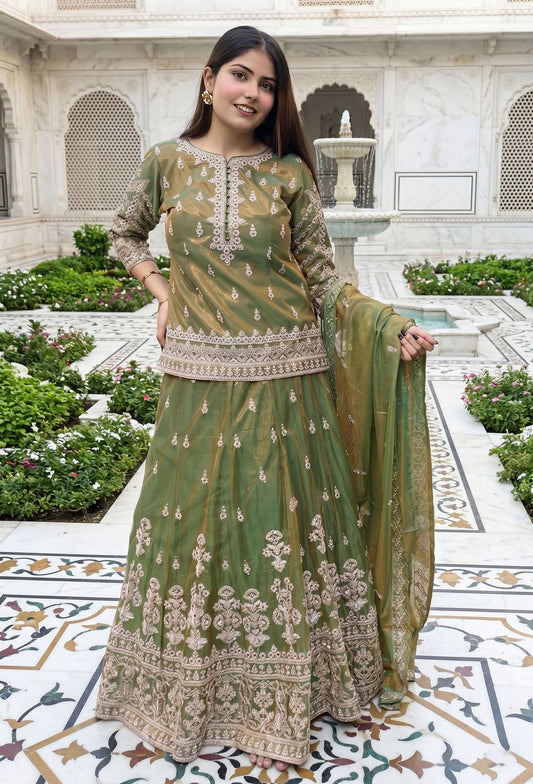 Beautiful Indo Western Dress with All-Over Dori Work Embroidered Short Shirt, Lehenga and Dupatta in Tissue Silk Febric