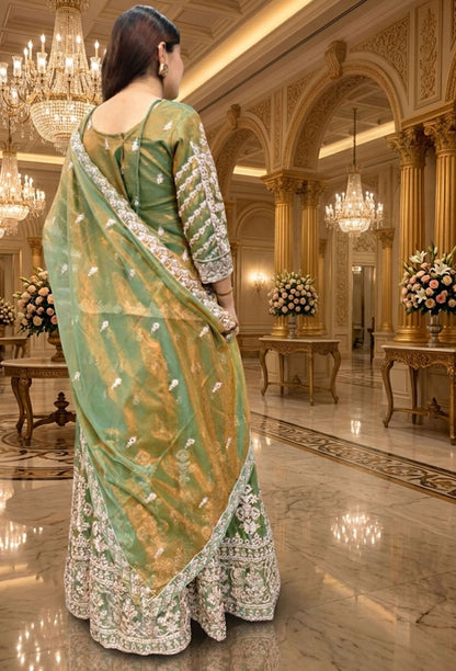 Beautiful Indo Western Dress with All-Over Dori Work Embroidered Short Shirt, Lehenga and Dupatta in Tissue Silk Febric