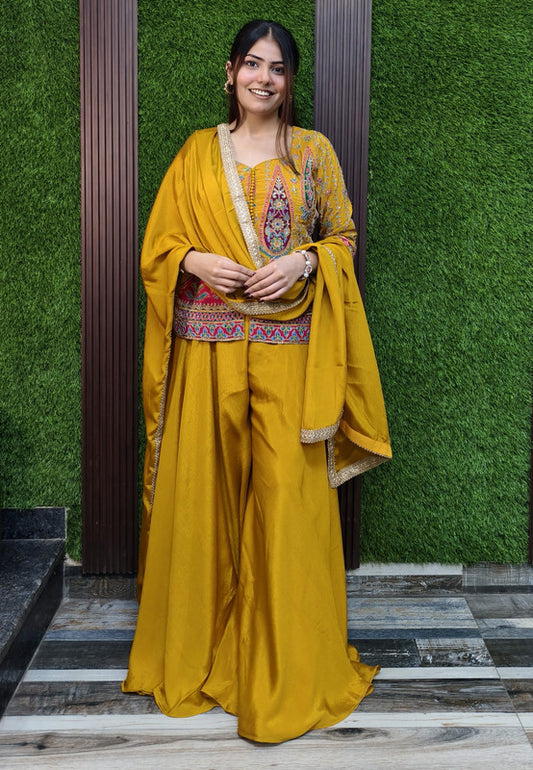 Embroidered Co-ord Set with Full Flare Divider Bottom and Printed Short Shirt in Chinnon Silk