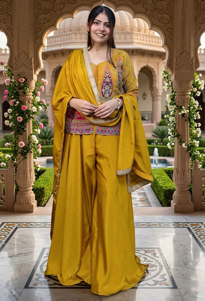 Embroidered Co-ord Set with Full Flare Divider Bottom and Printed Short Shirt in Chinnon Silk