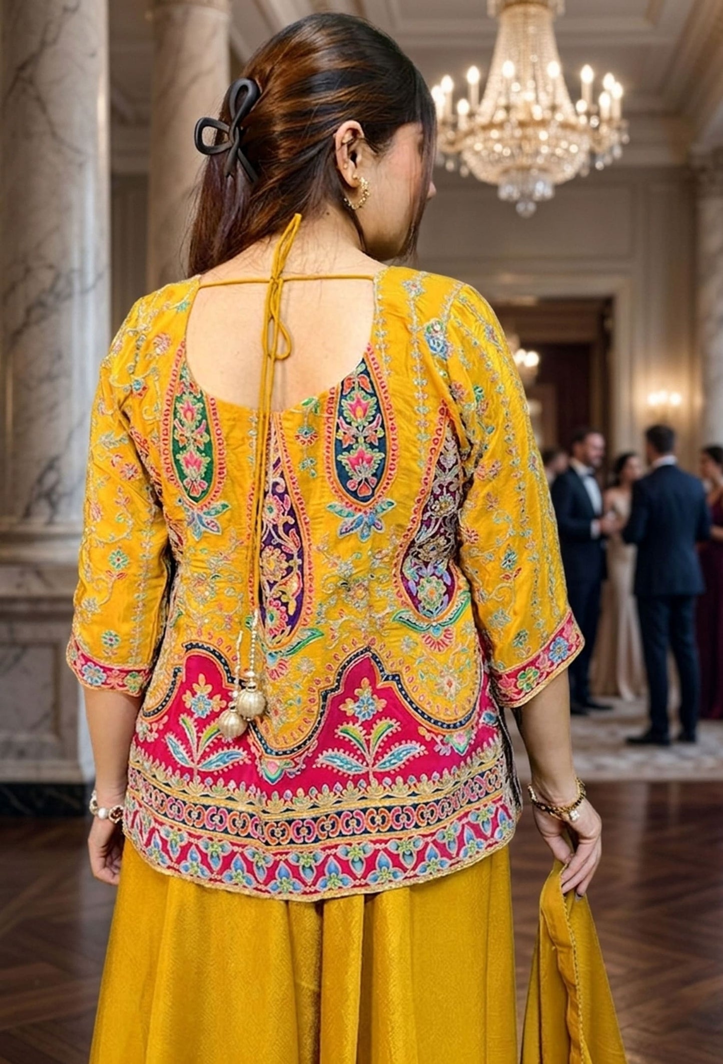 Embroidered Co-ord Set with Full Flare Divider Bottom and Printed Short Shirt in Chinnon Silk