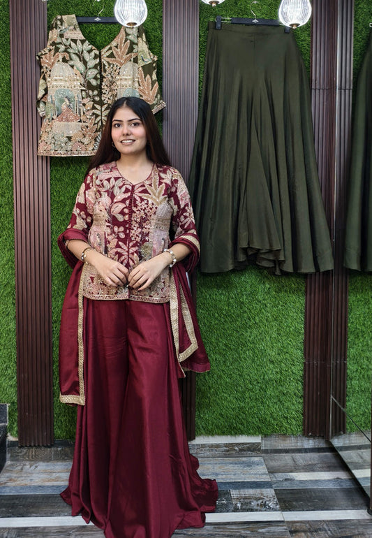 Designer Embroidered Chinnon Silk Co-ord Set with Full Flare Divider Bottom and printed Short Shirt