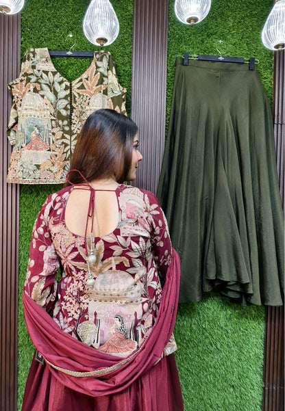 Designer Embroidered Chinnon Silk Co-ord Set with Full Flare Divider Bottom and printed Short Shirt