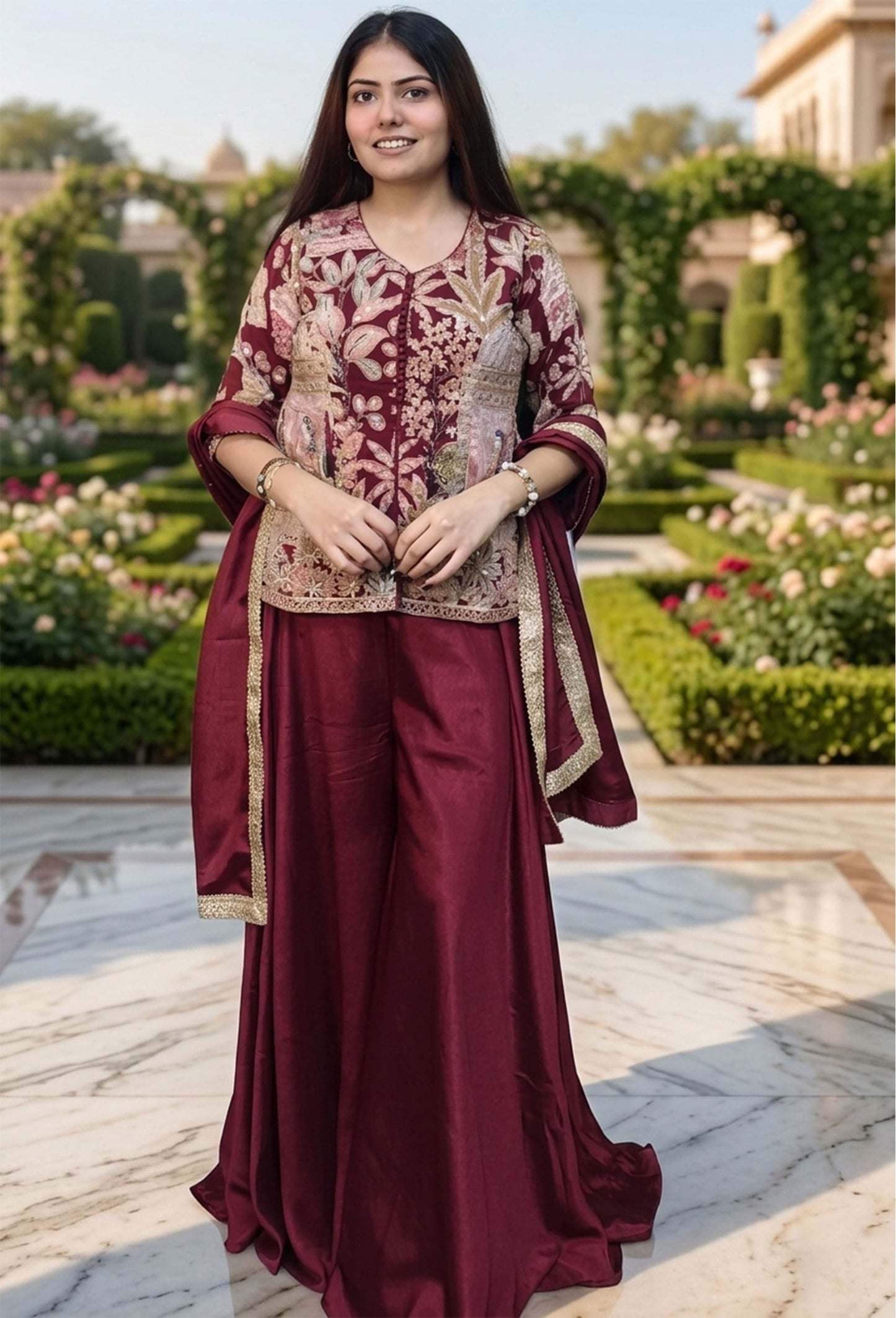 Designer Embroidered Chinnon Silk Co-ord Set with Full Flare Divider Bottom and printed Short Shirt