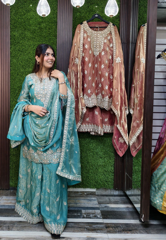 Pure Organza Straight Sharara Suit with Heavy Bottom Hand Work and Full Embroidered Dupatta