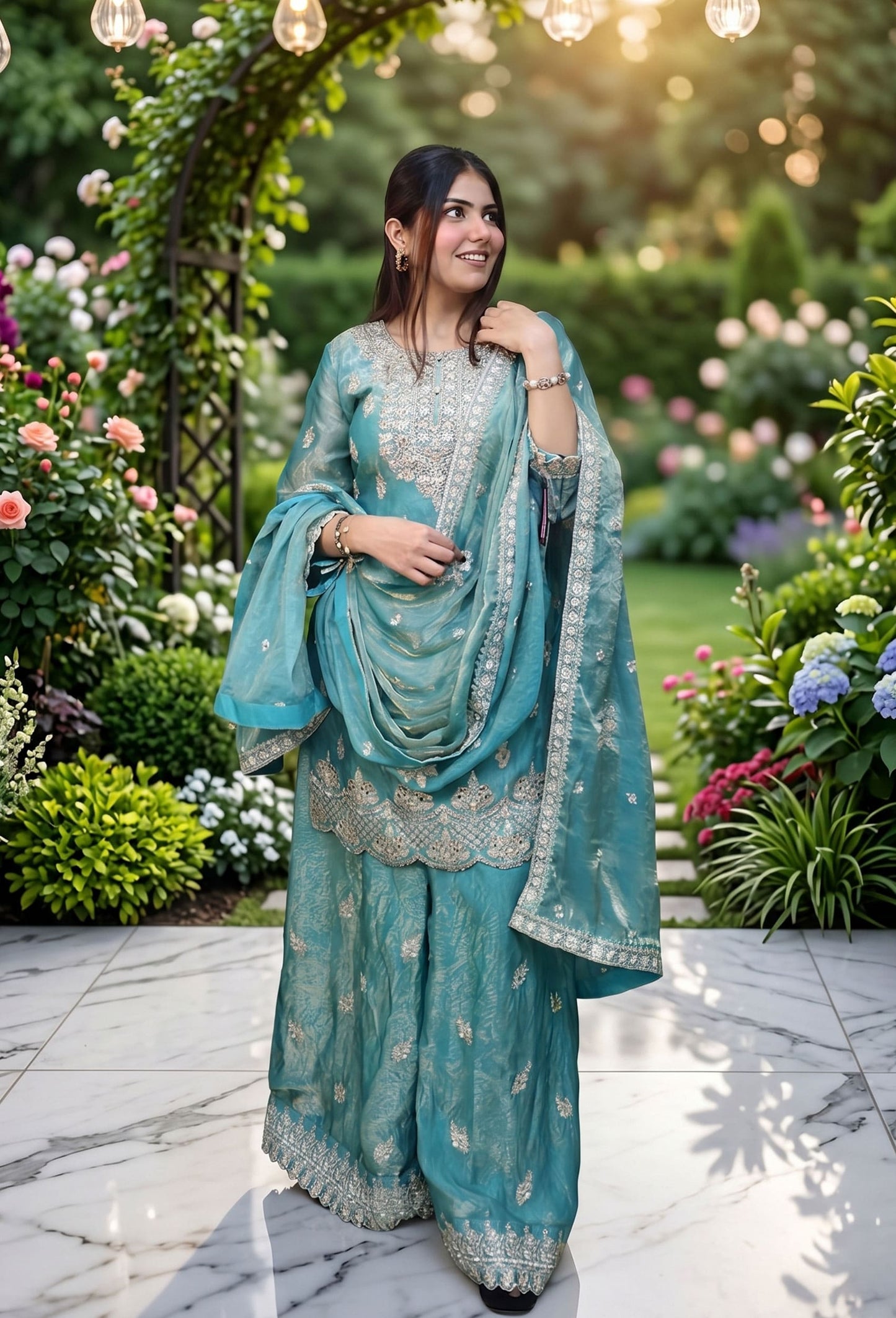 Pure Organza Straight Sharara Suit with Heavy Bottom Hand Work and Full Embroidered Dupatta