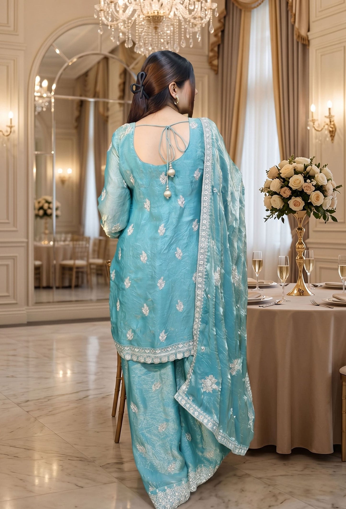 Pure Organza Straight Sharara Suit with Heavy Bottom Hand Work and Full Embroidered Dupatta