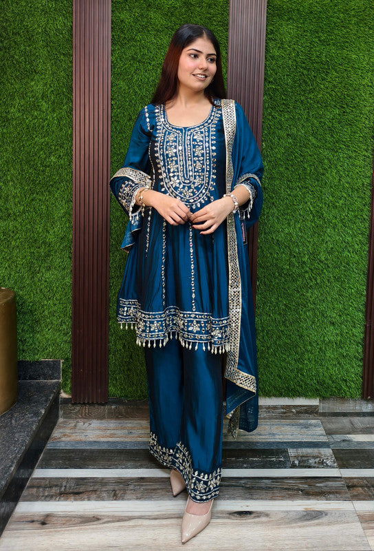 Anarkali Style Mirror Work Suit Set in Tissue Silk with Heavy Bottom Work and Four-Side Mirror Bordered Dupatta