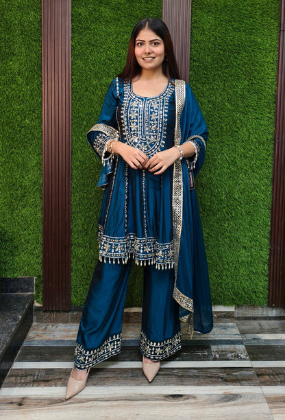 Anarkali Style Mirror Work Suit Set in Tissue Silk with Heavy Bottom Work and Four-Side Mirror Bordered Dupatta
