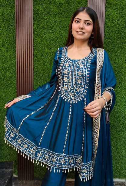 Anarkali Style Mirror Work Suit Set in Tissue Silk with Heavy Bottom Work and Four-Side Mirror Bordered Dupatta