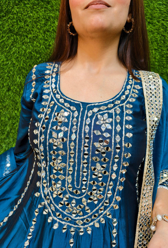 Anarkali Style Mirror Work Suit Set in Tissue Silk with Heavy Bottom Work and Four-Side Mirror Bordered Dupatta