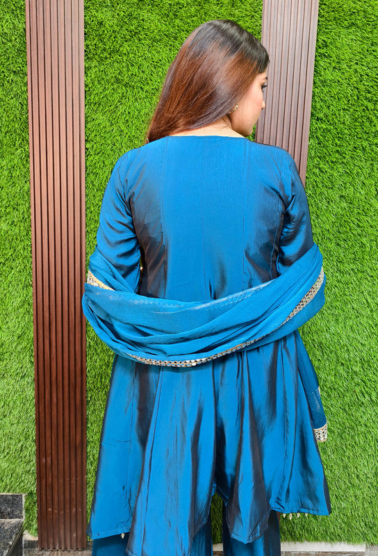 Anarkali Style Mirror Work Suit Set in Tissue Silk with Heavy Bottom Work and Four-Side Mirror Bordered Dupatta