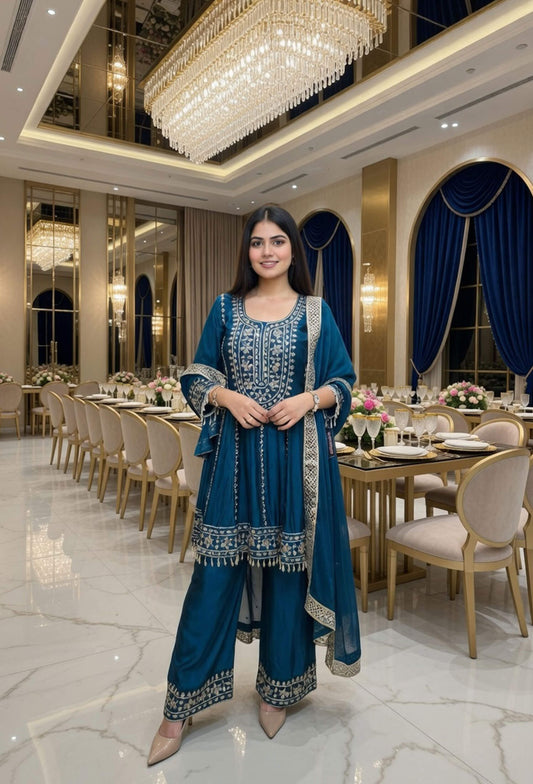 Anarkali Style Mirror Work Suit Set in Tissue Silk with Heavy Bottom Work and Four-Side Mirror Bordered Dupatta