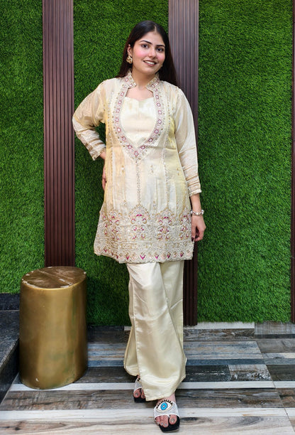 Beautiful Designer Shimmer Tissue Co-ord Style Hand Embellished Palazzo Suit Set with Separate Inner Bustier