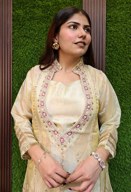 Beautiful Designer Shimmer Tissue Co-ord Style Hand Embellished Palazzo Suit Set with Separate Inner Bustier