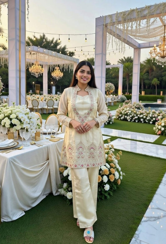 Beautiful Designer Shimmer Tissue Co-ord Style Hand Embellished Palazzo Suit Set with Separate Inner Bustier