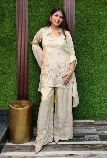 Beautiful Designer Shimmer Tissue Co-ord Style Hand Embellished Palazzo Suit with Heavy Embroidered Bottom