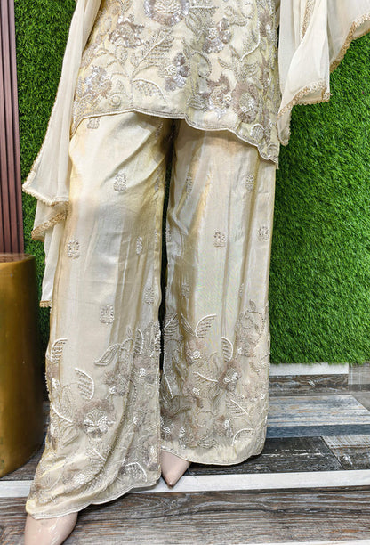 Beautiful Designer Shimmer Tissue Co-ord Style Hand Embellished Palazzo Suit with Heavy Embroidered Bottom