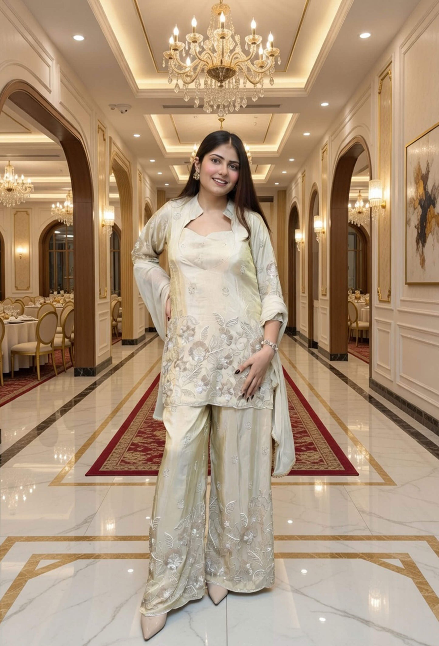 Beautiful Designer Shimmer Tissue Co-ord Style Hand Embellished Palazzo Suit with Heavy Embroidered Bottom