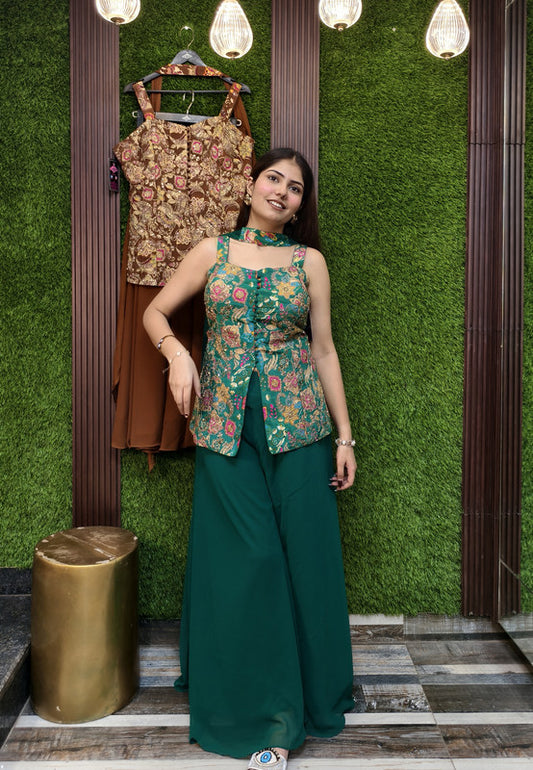 Spaghetti Style Girlish Co-ord Palazzo Suit in Pure Chinnon Silk with Embroidered Shirt and Choker Dupatta
