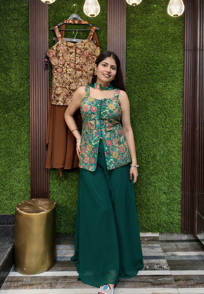 Spaghetti Style Girlish Co-ord Palazzo Suit in Pure Chinnon Silk with Embroidered Shirt and Choker Dupatta