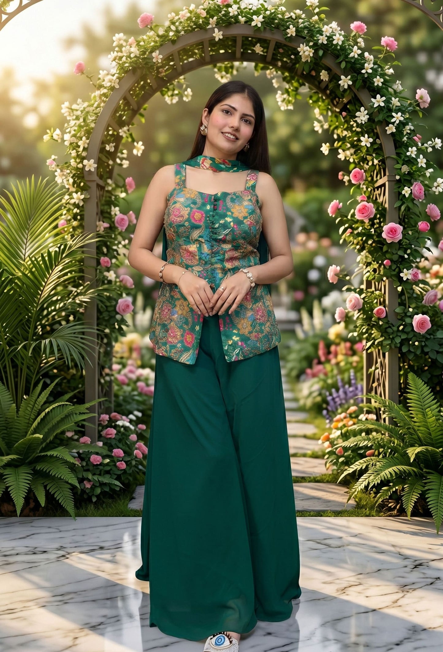 Spaghetti Style Girlish Co-ord Palazzo Suit in Pure Chinnon Silk with Embroidered Shirt and Choker Dupatta