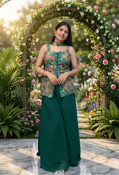 Spaghetti Style Girlish Co-ord Palazzo Suit in Pure Chinnon Silk with Embroidered Shirt and Choker Dupatta