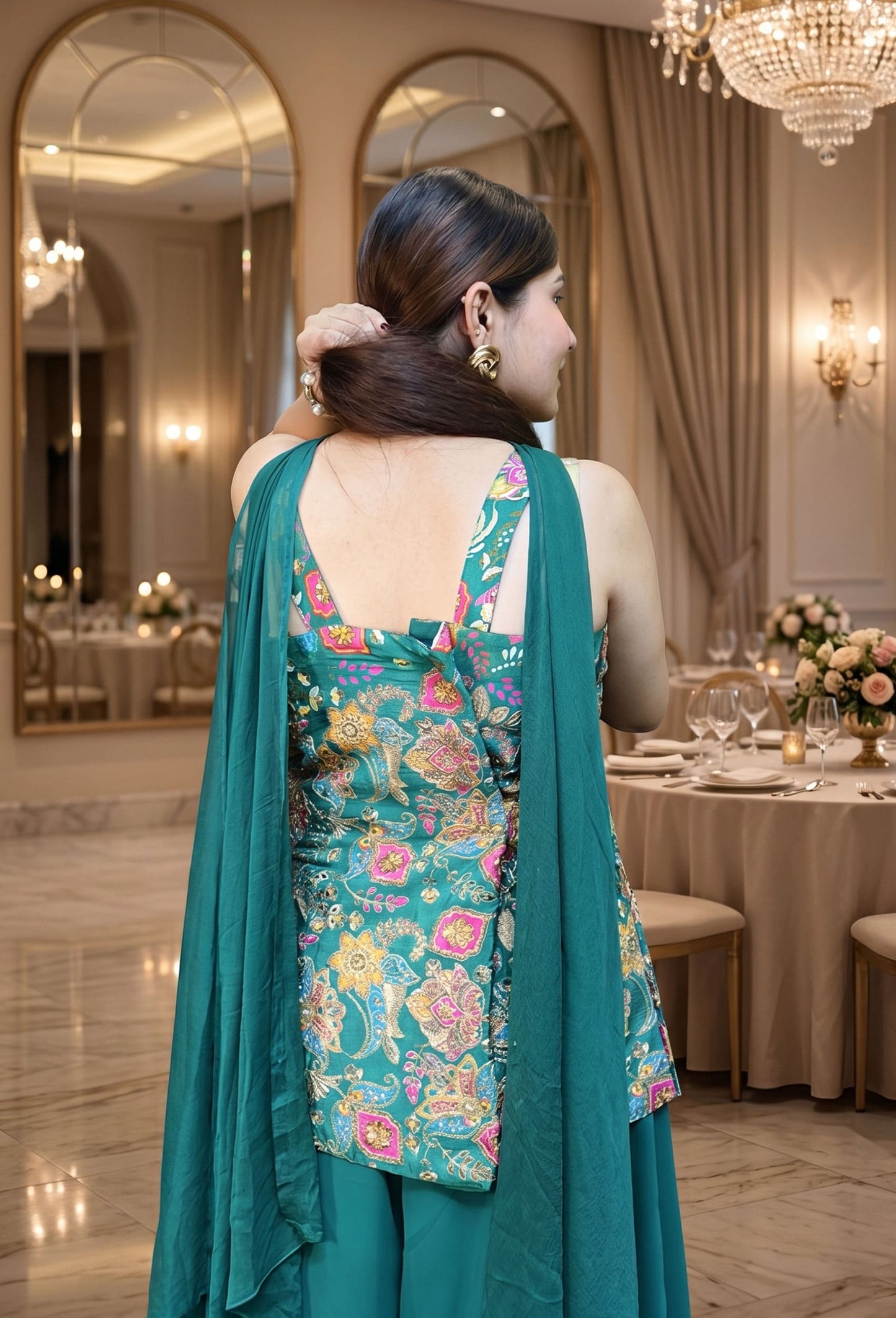 Spaghetti Style Girlish Co-ord Palazzo Suit in Pure Chinnon Silk with Embroidered Shirt and Choker Dupatta