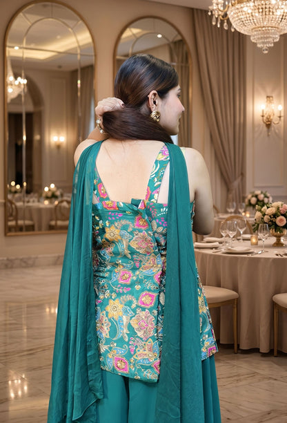 Spaghetti Style Girlish Co-ord Palazzo Suit in Pure Chinnon Silk with Embroidered Shirt and Choker Dupatta